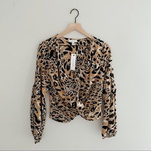 Topshop Animal Print Ruched Sleeves V Neck Blouse